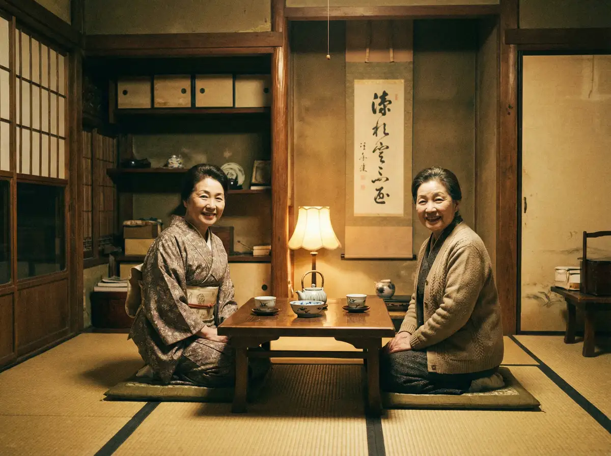两位优雅的 kekese 在日式茶室中品茶交谈